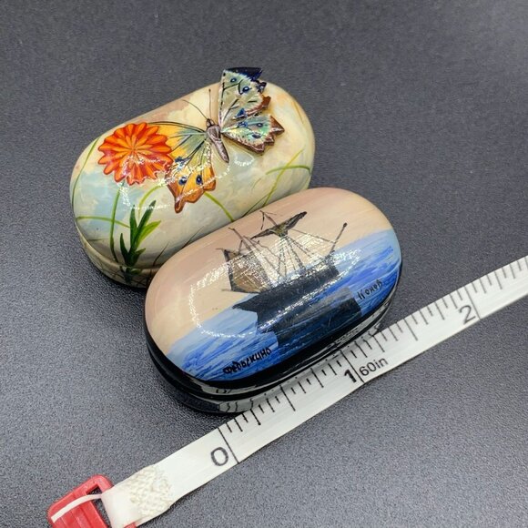 Russian Lacquer Pill Boxes Set Butterfly Boat Pill Shape Miniature Trinket Boxes - Picture 8 of 10